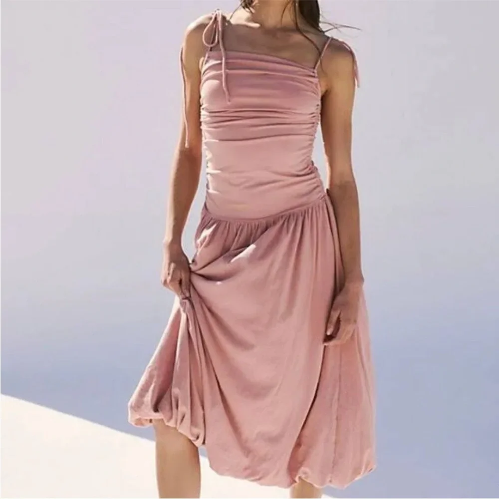 Free People Liza Drop Waist Midi Dress in Tuscany (taupe rose) - Picture 6 of 7